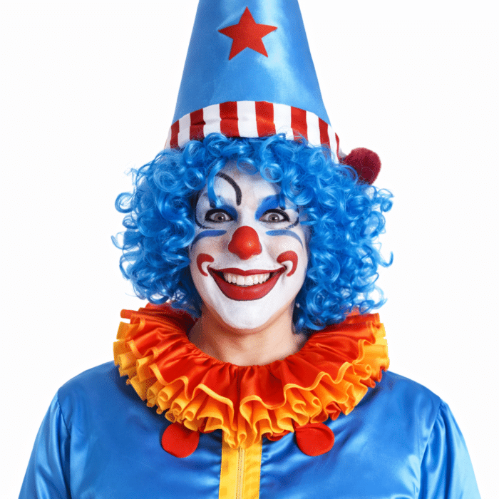 Clown avec cheveux bleus et sourire