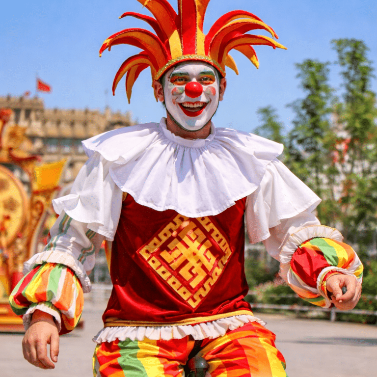 Clown coloré et expressif sous le soleil