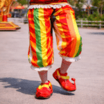 Pantalons rayés et chaussures géantes de clown
