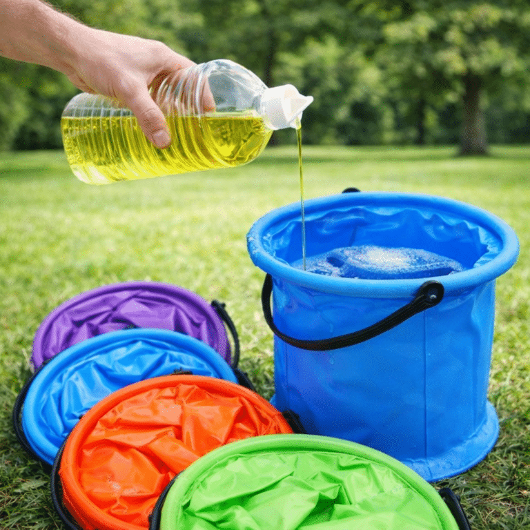 Savon liquide versé dans un seau bleu
